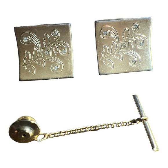 Vintage Gold Tone Rhinestone Mens Cufflinks and Tie Tack - Picture 1 of 4